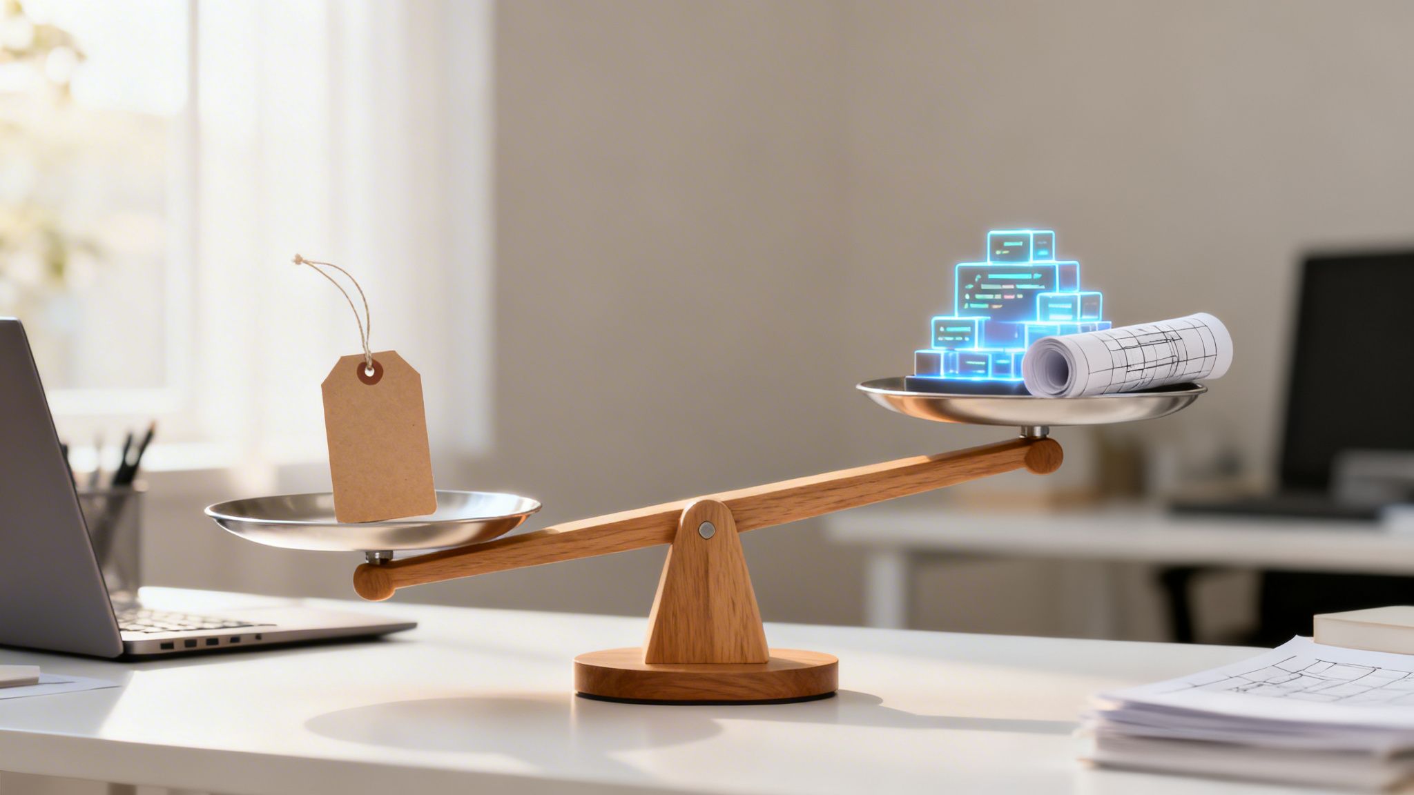A balance scale weighing a blank price tag against glowing digital blocks and a blueprint on an office desk.