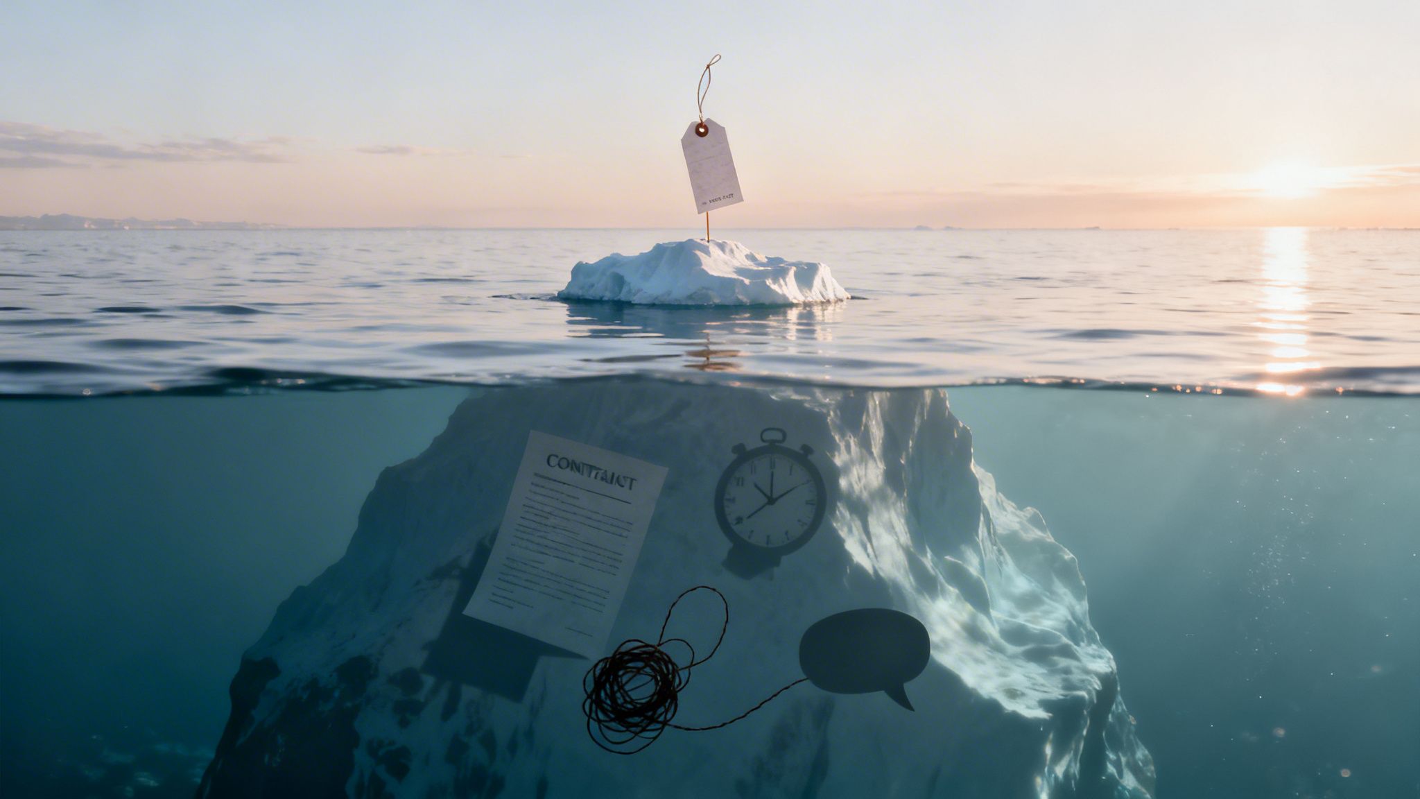 Iceberg illustrates hidden complexities: a price tag above, contract, clock, and tangled string below.