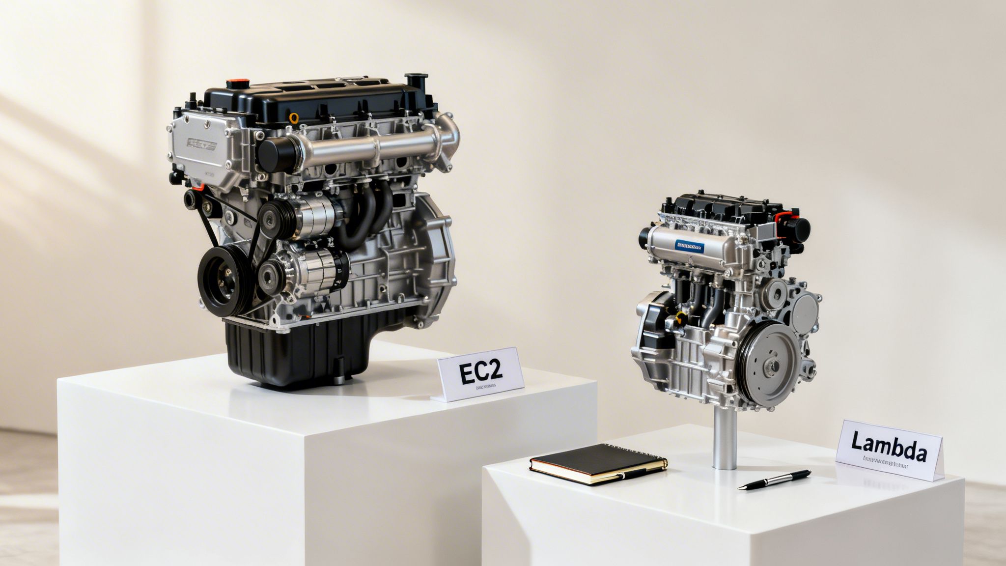 Two modern car engines, EC2 and Lambda, displayed on white pedestals in a bright showroom.