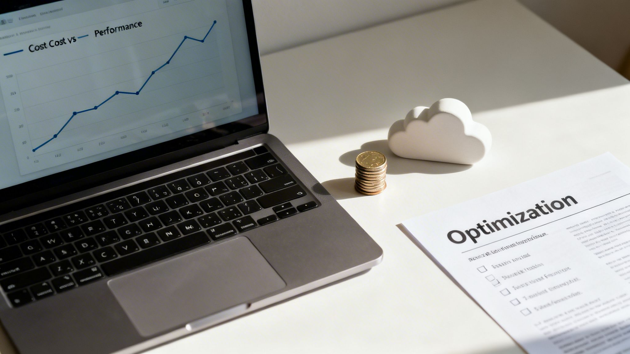 A laptop displaying a performance graph, a stack of coins, a cloud ornament, and an 'Optimization' document.