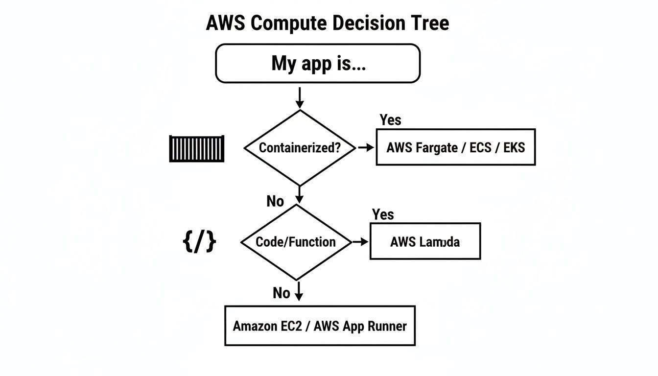 A flowchart detailing AWS compute service selection: containerized apps use Fargate, ECS, EKS; code/functions use Lambda; others use EC2, App Runner.