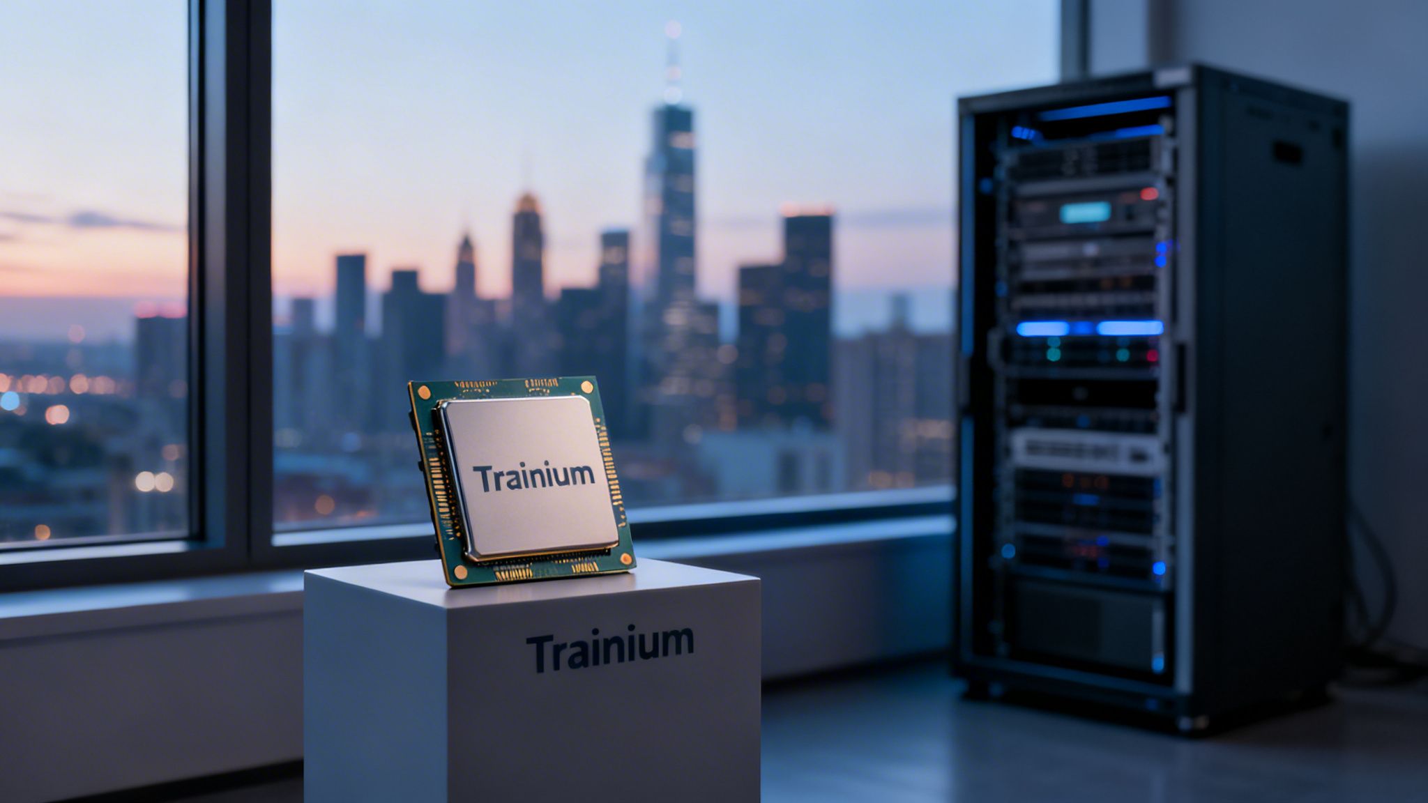 A Trainium AI chip on display, with a server rack and city skyline in the background.