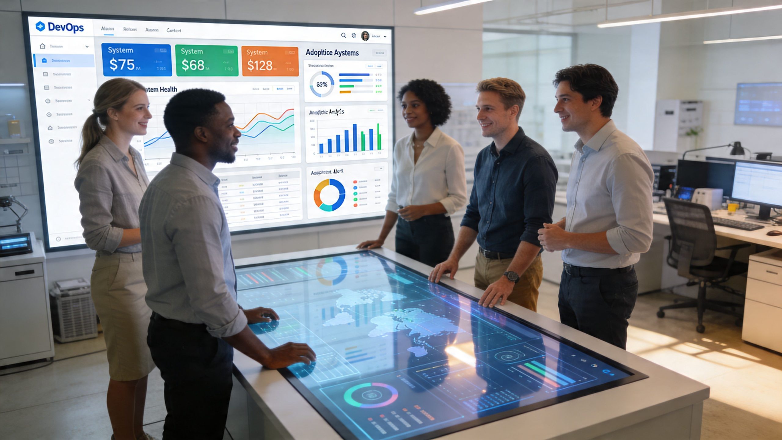 A professional team of colleagues analyzing business data on a large interactive digital touch screen display.