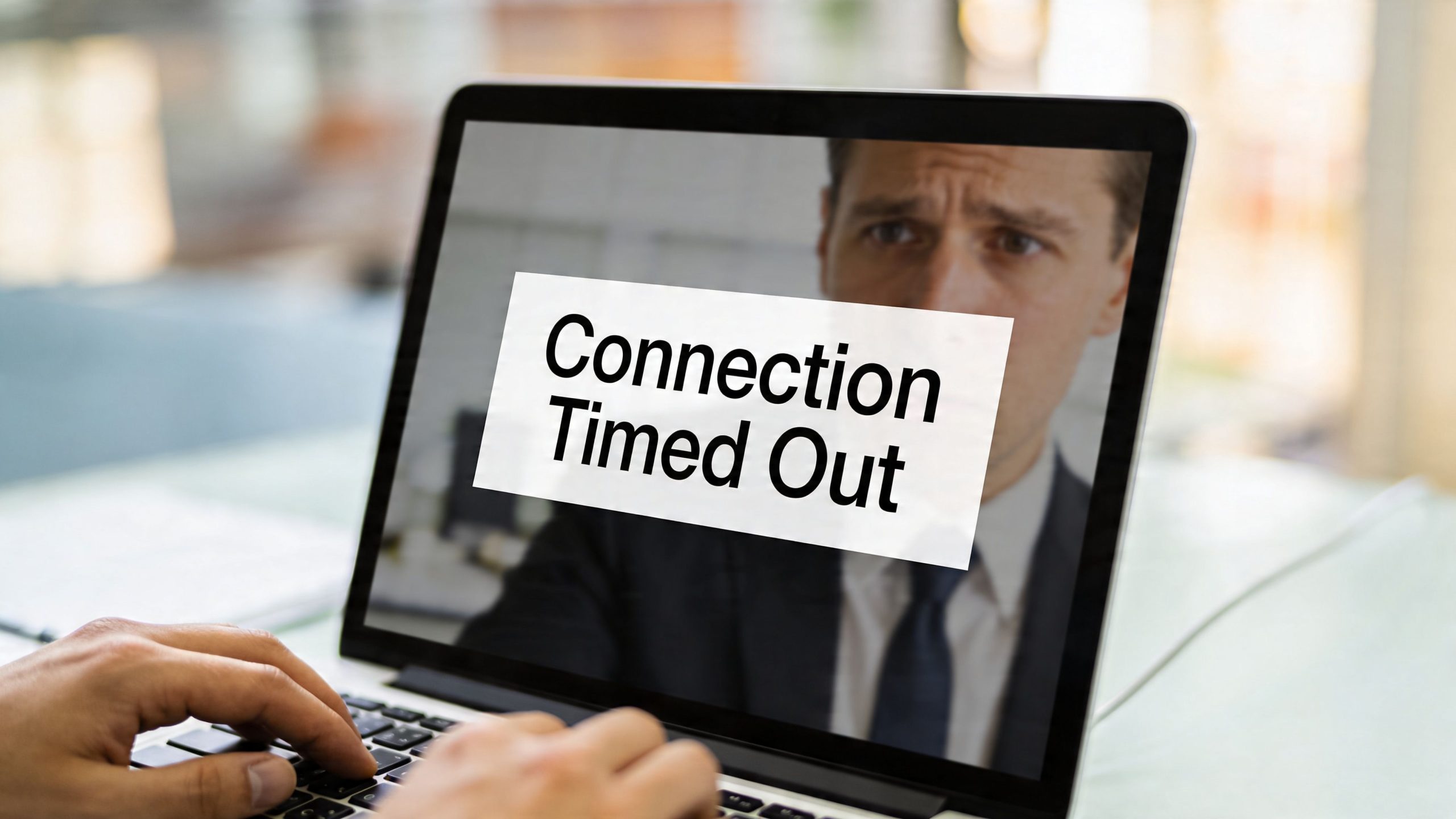 A person sitting at a laptop computer displaying a connection timed out error message on the screen.