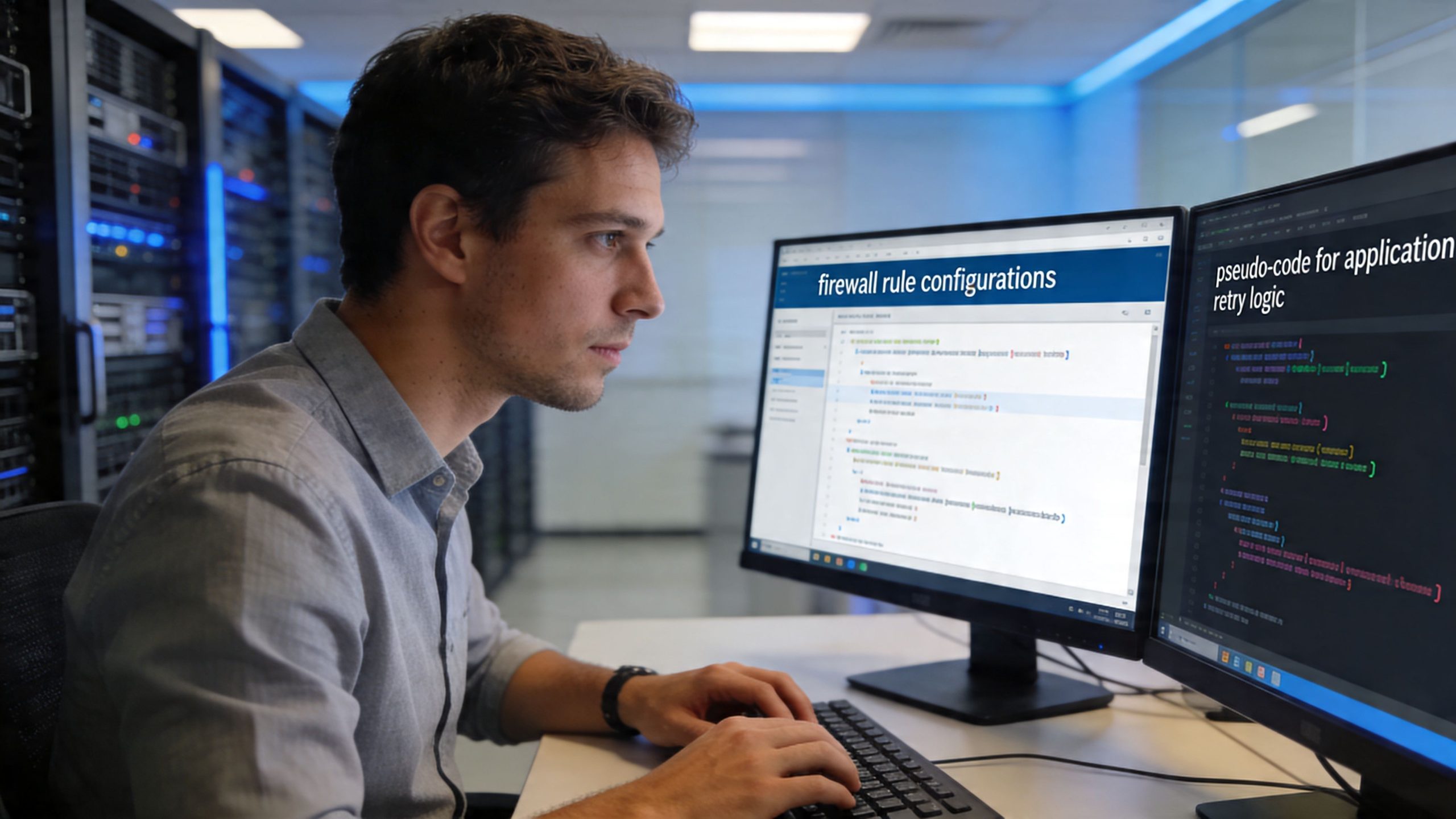 A professional IT specialist working on firewall configurations and application retry logic code in a data center.