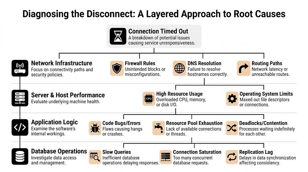A flowchart showing a layered approach to diagnosing connection timeout issues across infrastructure, server, application, and database levels.