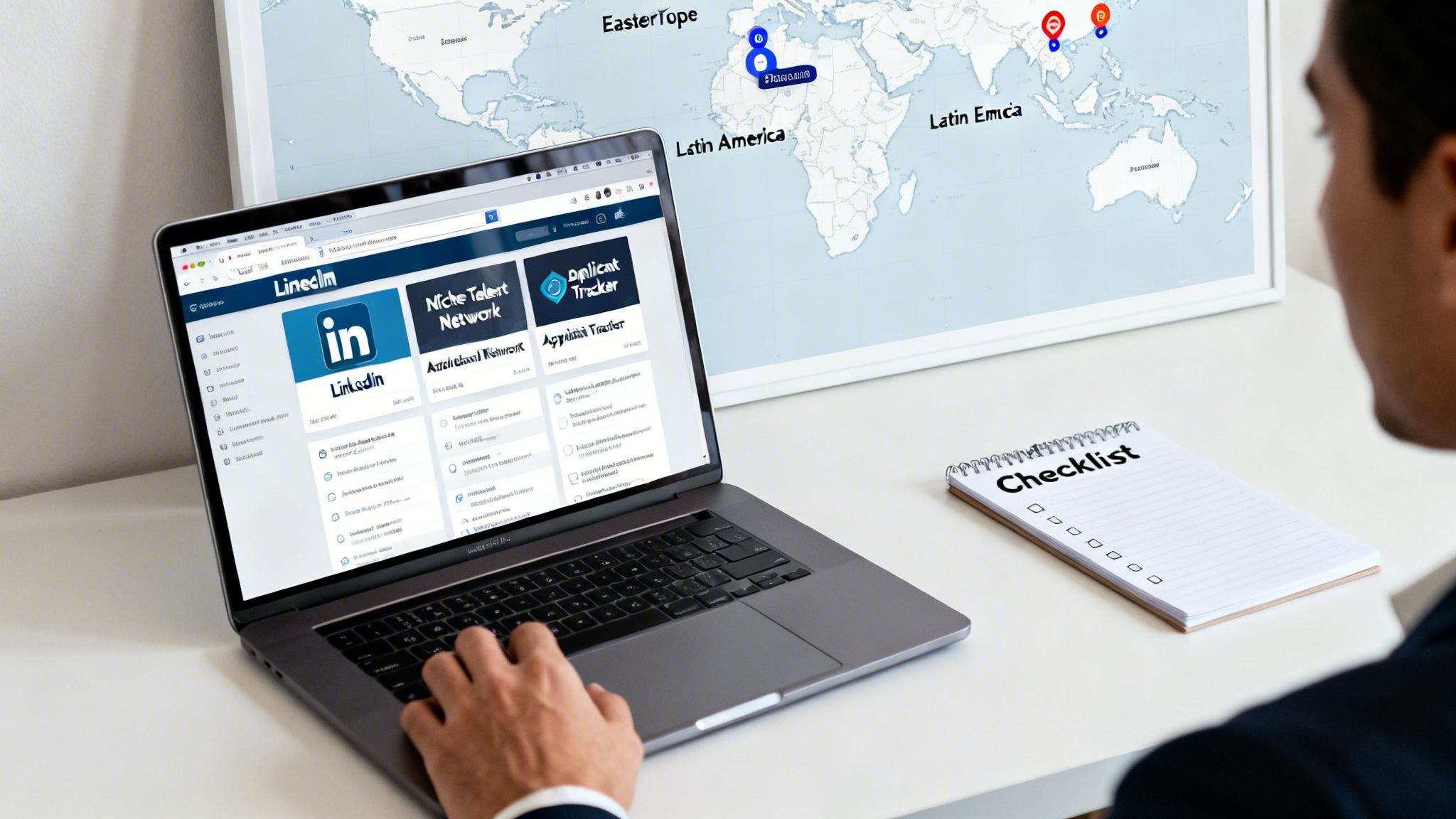 A person uses a laptop displaying LinkedIn and talent tracking tools, with a world map and checklist in the background.