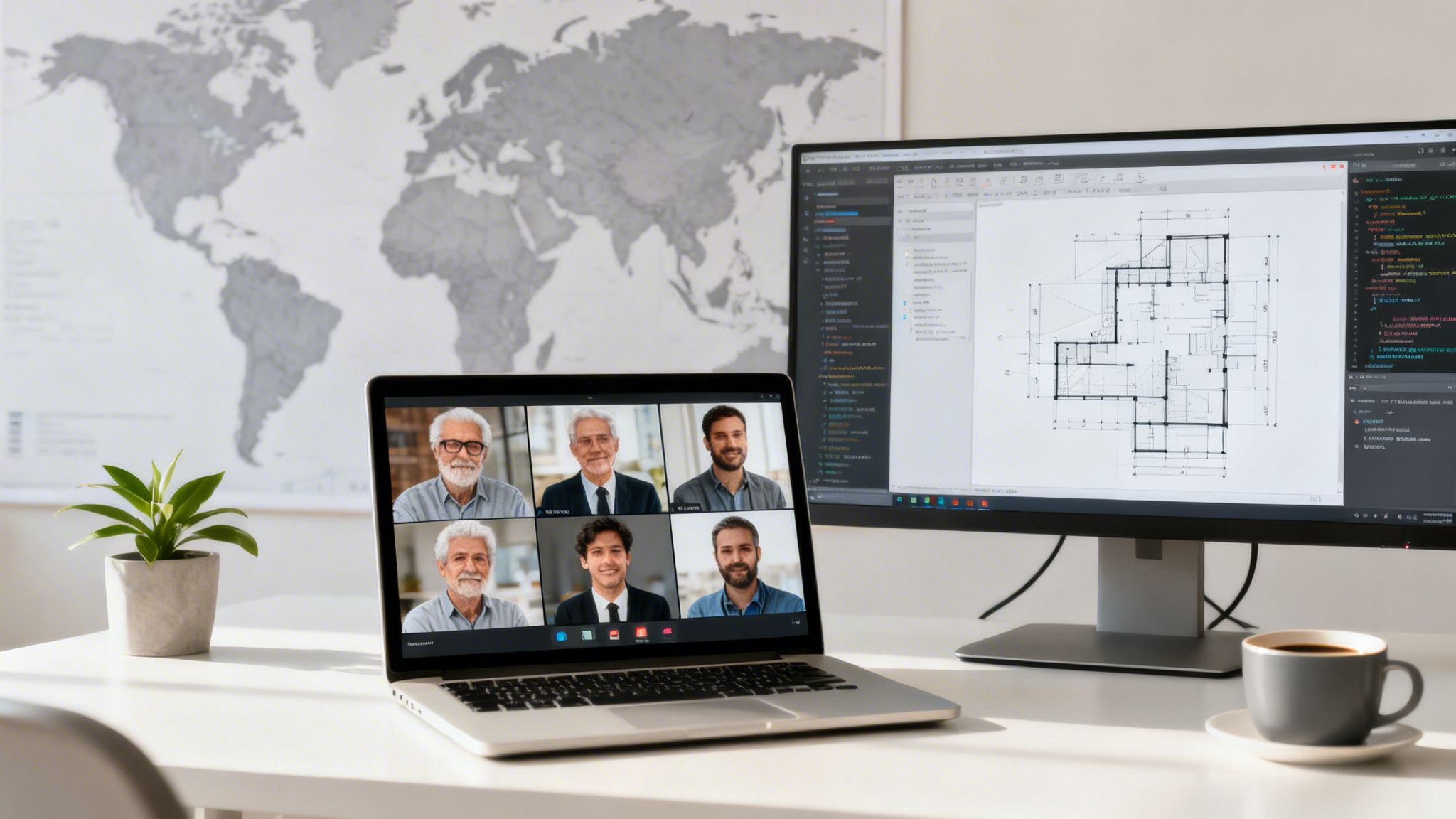 A remote workspace setup with a laptop showing a video call, a monitor displaying architectural plans, a plant, and a coffee cup.
