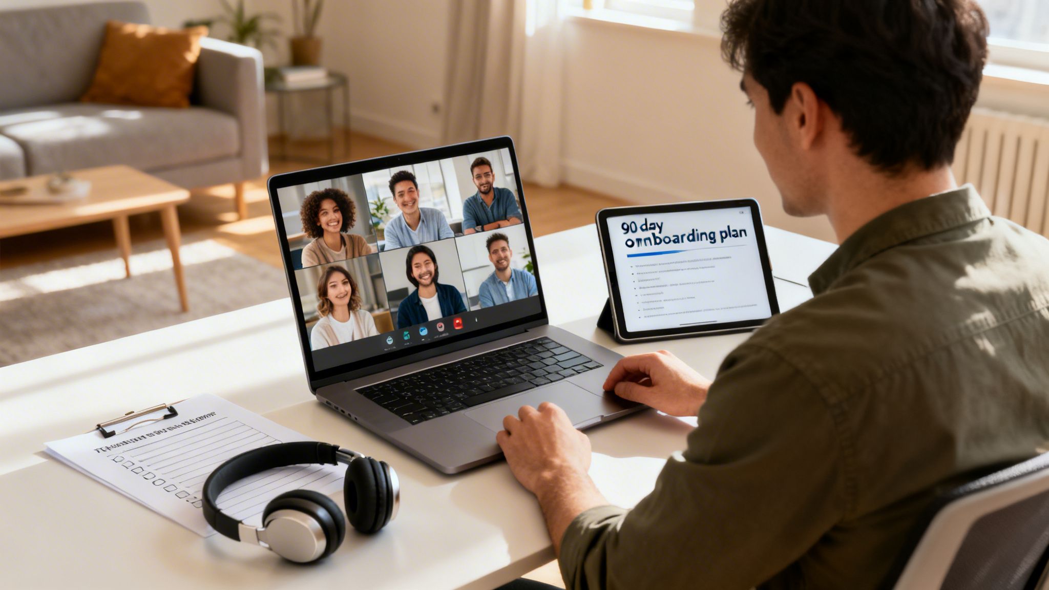 Man participating in a remote video conference call, looking at an onboarding plan on a tablet.