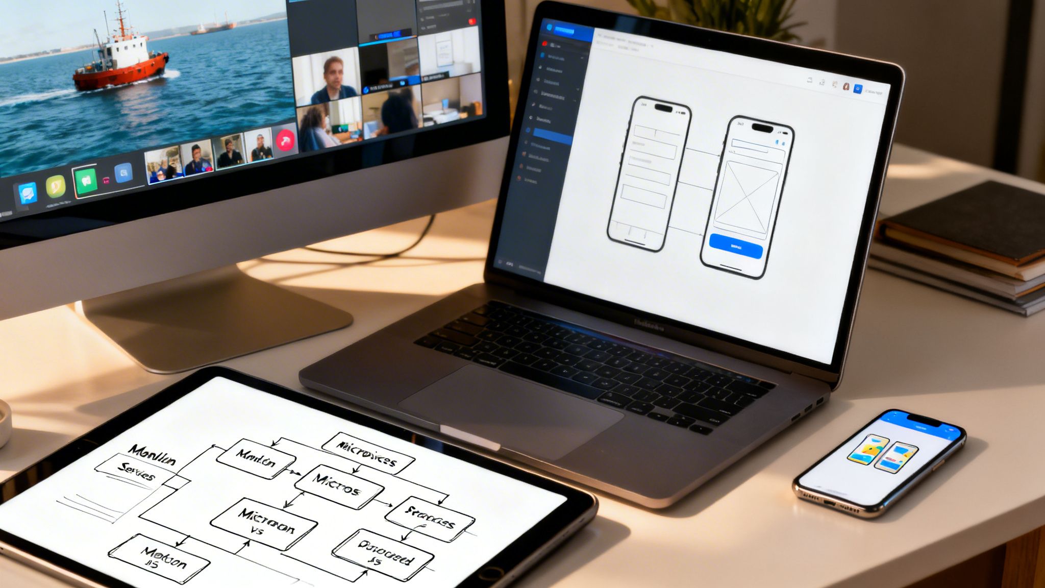 A modern digital workspace with a monitor showing a video call, a laptop with app wireframes, a tablet with a flowchart, and a smartphone displaying app screens.