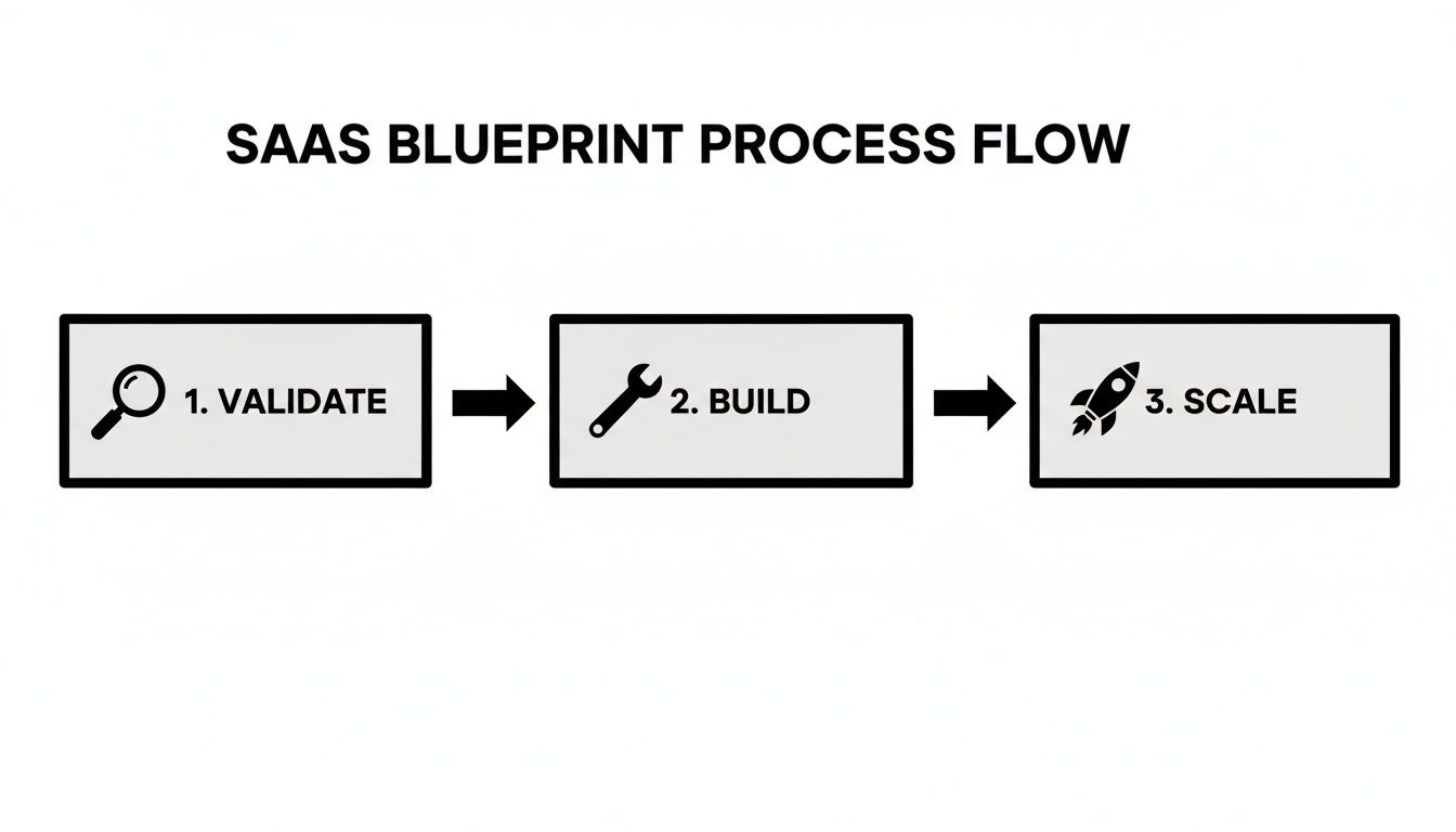 A visual process flow diagram for building a SaaS product: Validate, Build, and Scale.