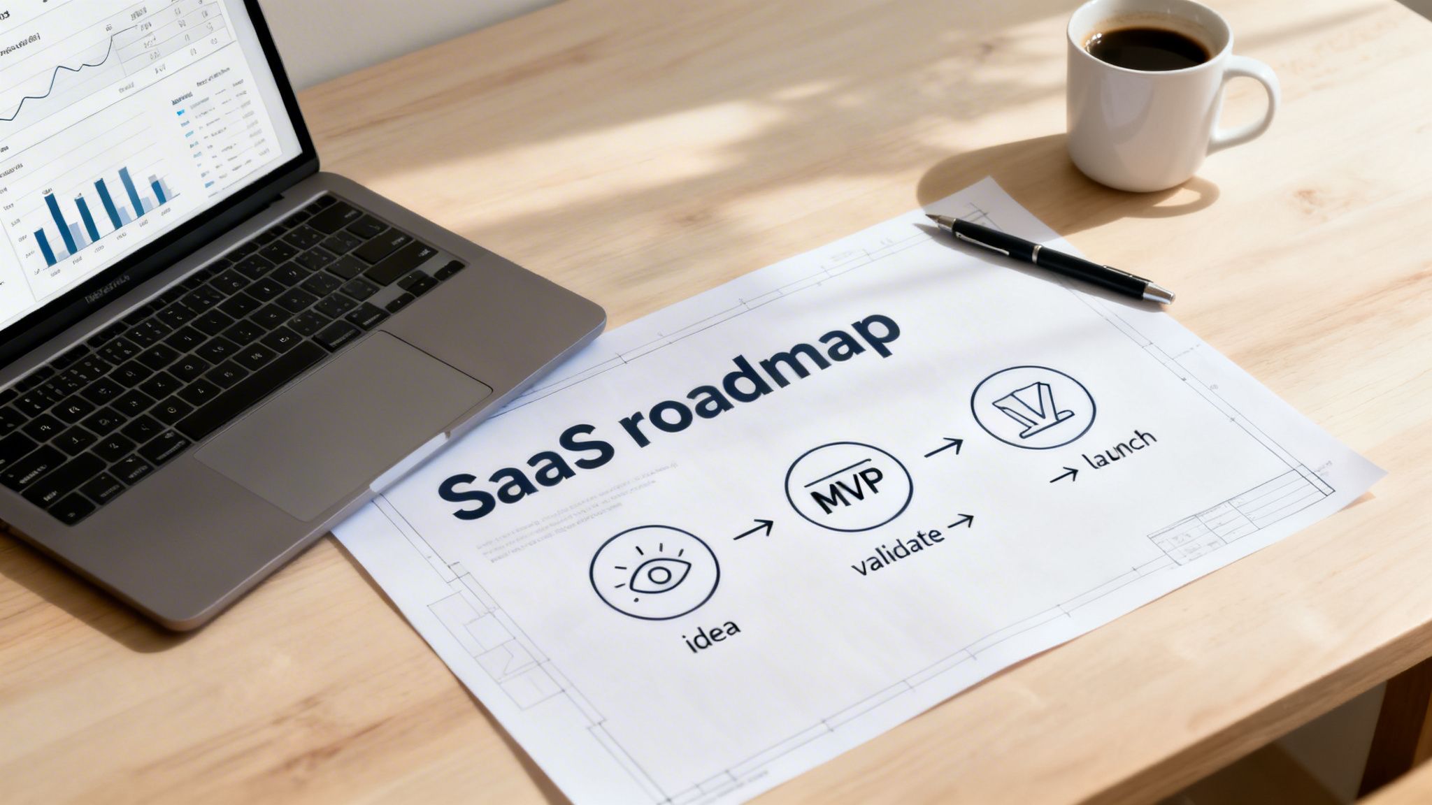 A flat lay of a desk with a laptop, a 'SaaS roadmap' document, a pen, and a coffee cup.
